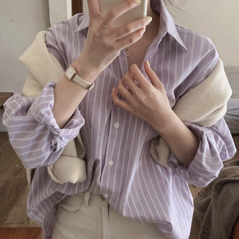 Korean Style Taro Stripe Button-Up Shirt