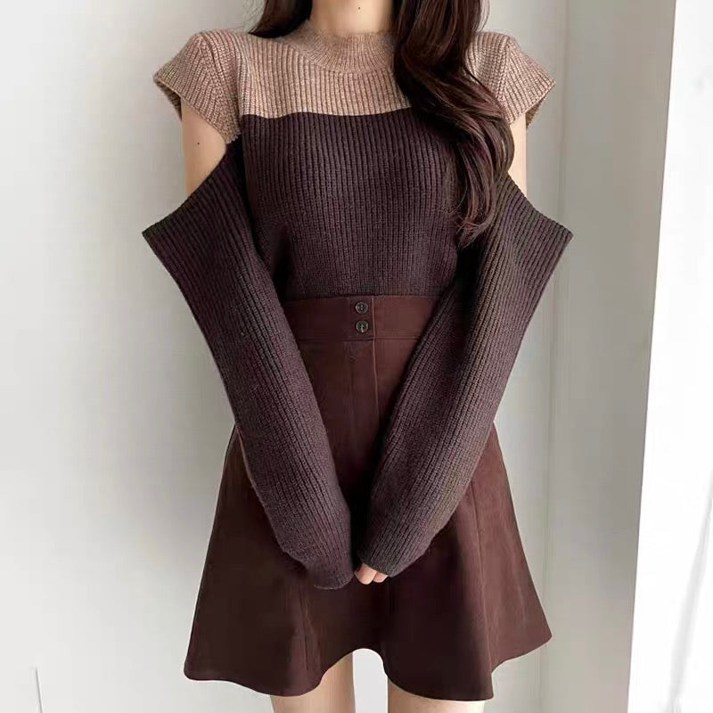 Color Block Cold Shoulder Mock Neck Knitted Sweater