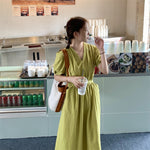 Matcha Green / Beige V-Neck Belted Dress with Pockets