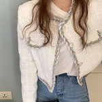 Cropped Round Neck Tweed Jacket with Braided Trims