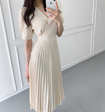 Short Sleeve V-Neck High Waist Pleated Dress