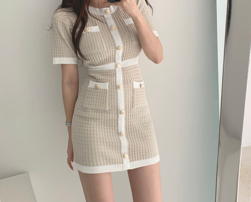 Classic Knitted Fitted Mini Dress with Shiny Metal Buttons