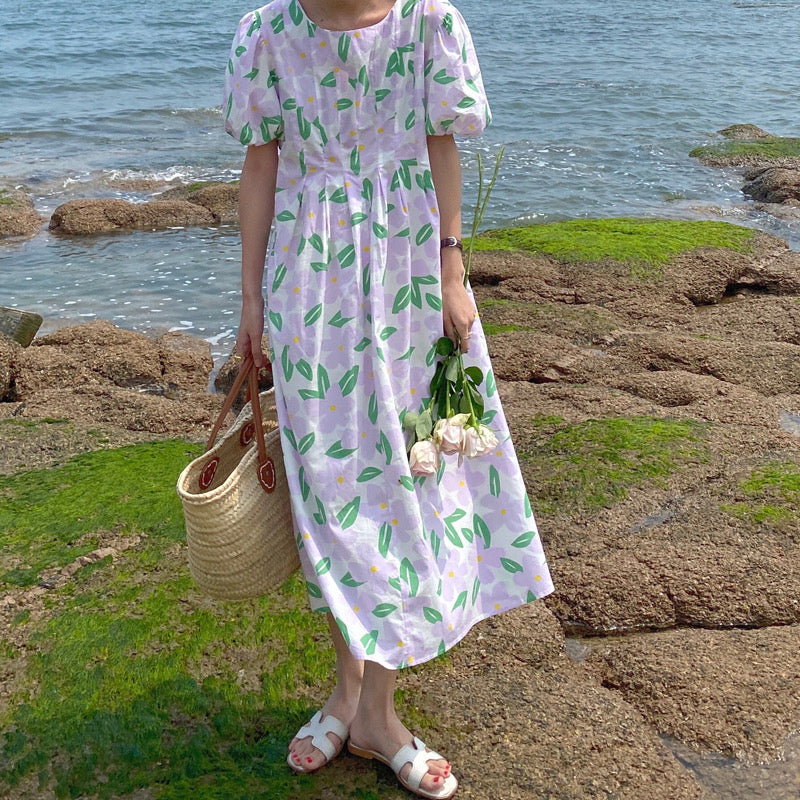 Floral Printed Puff Short Sleeve Dress