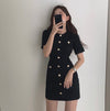 Classic Knitted Fitted Mini Dress with Shiny Metal Buttons