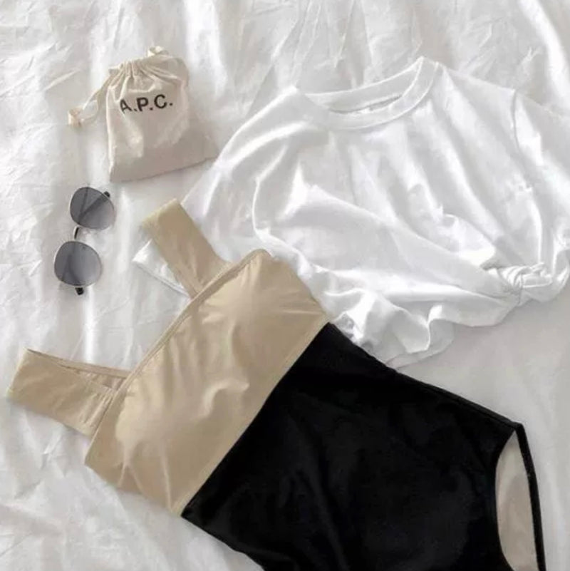 Classic Beige and Black High Waist Swimsuit