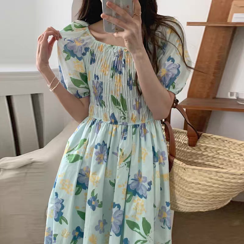 French Romance Light Blue Watercolor Floral Print Smocked Midi Dress