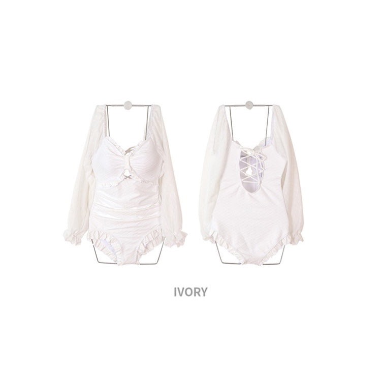 Ivory Lace-Up One-Piece Long Sleeve Swimwear