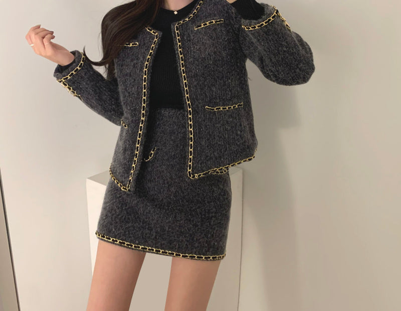 Buttonless Tweed Jacket with Mini Skirt Set