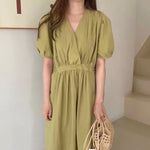 Matcha Green / Beige V-Neck Belted Dress with Pockets