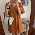 Minimalist Pumpkin-Colored Puffed Sleeve V-Neck Cotton Mini Dress