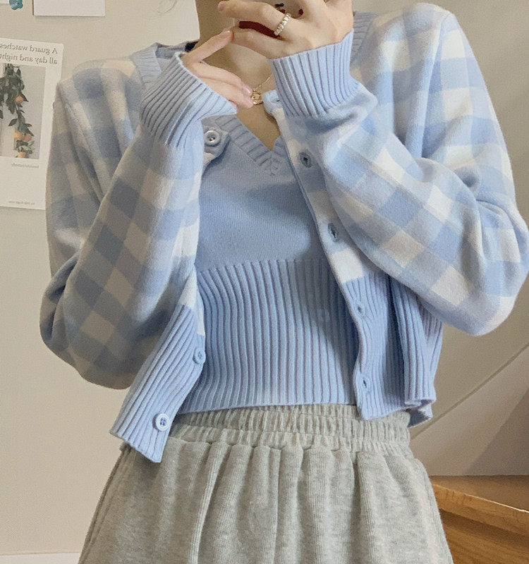 Casual Knitted Blue Grids Cardigan with Knitted Vest Set