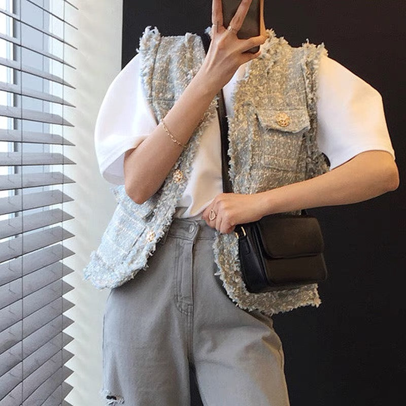 Fray Hem Tweed Vest