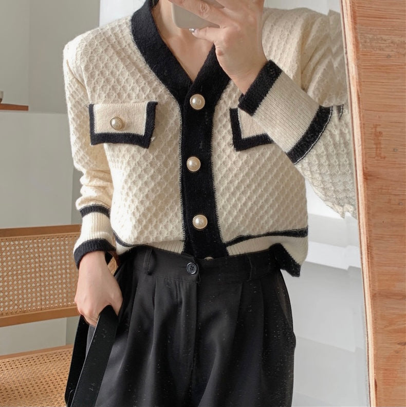 Color Contrast Diamond Knit Cardigan