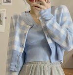 Casual Knitted Blue Grids Cardigan with Knitted Vest Set