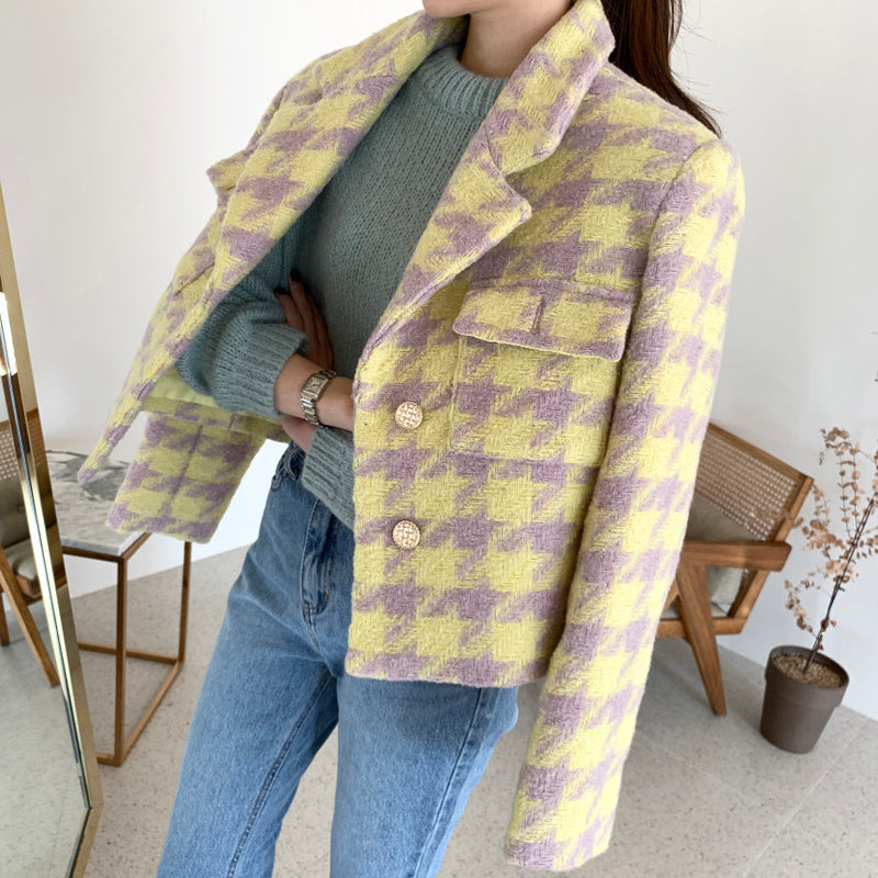 Designer Bubble Gum Houndstooth Cropped Tweed Blazer