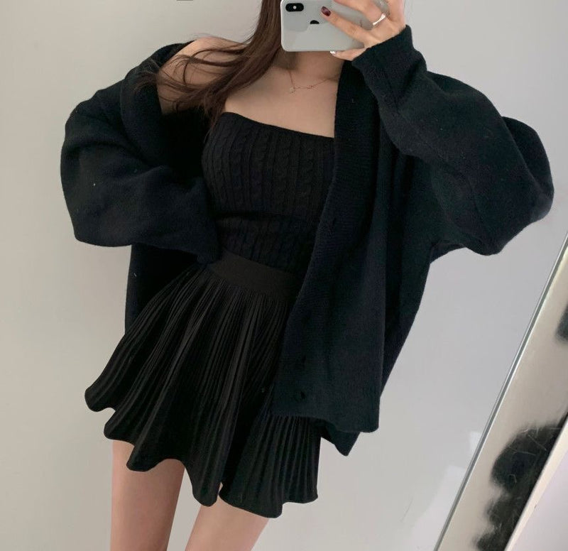 Korean Style V-Neck Cardigan, Top & Skirt