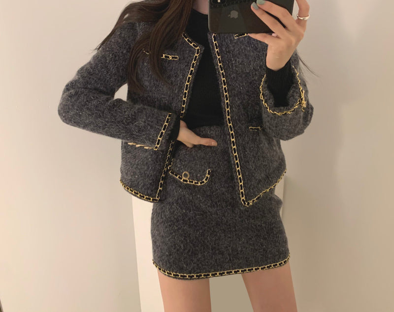 Buttonless Tweed Jacket with Mini Skirt Set