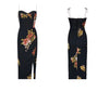 Goddess Black Sling Bodycon Dress with Floral Prints and Side Slit