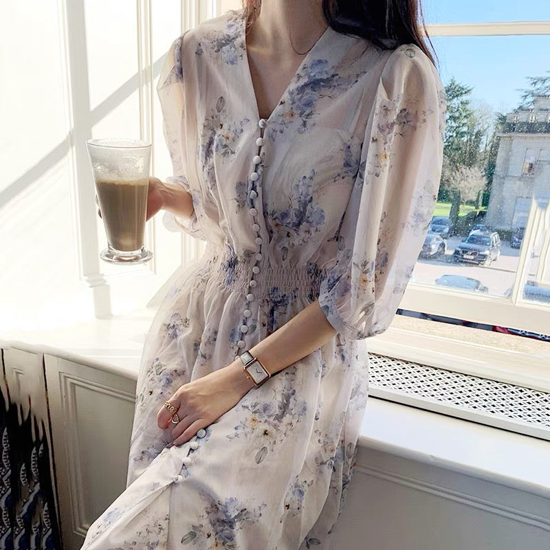 Floral Chiffon Midi Dress Set (with Underneath Slip Dress)