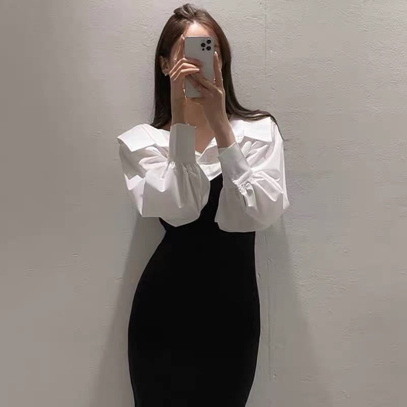 Black & White Shirt Collar Spliced Knitted Bodycon Dress MyDearCloset Black & White Shirt Collar Spliced Knitted Bodycon Dress MyDearCloset