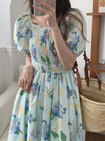 French Romance Light Blue Watercolor Floral Print Smocked Midi Dress