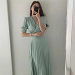 Short Sleeve V-Neck High Waist Pleated Midi Dress