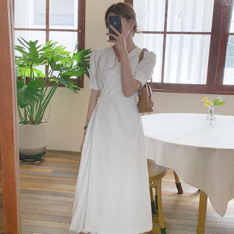 Pleated Wrap Style White Midi dress