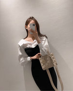 Black & White Shirt Collar Spliced Knitted Bodycon Dress