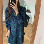 Long Sleeve Floral Print Tiered Pleated Mini Dress