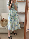 French Romance Light Blue Watercolor Floral Print Smocked Midi Dress