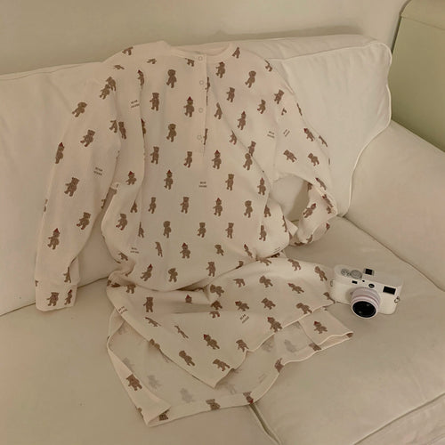 Korean Style Teddy Bear Print Long Sleeve Pajama Dress