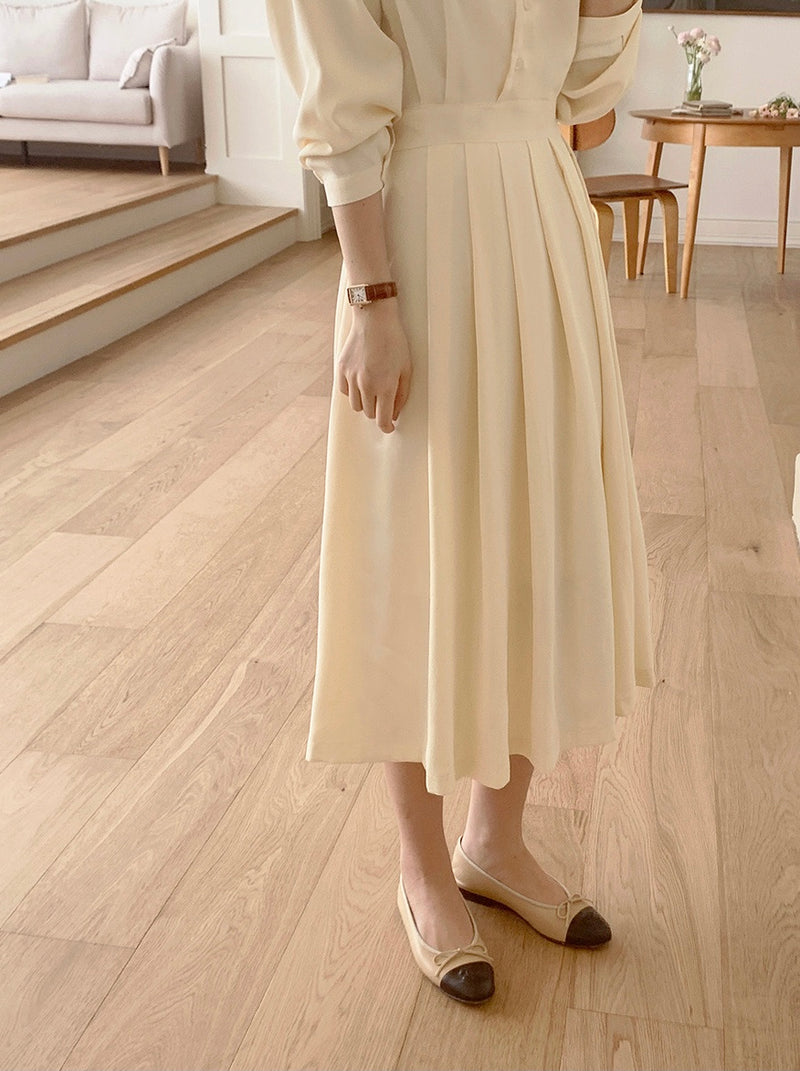 V-Neck Front Button Back Tie Pleated Chiffon Dress