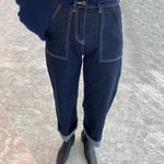 Denim Utility Barrel Pants with Contrasting Stitches