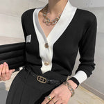 Classic V-Neck Black & White Soft Cardigan with Gold Buttons