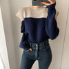 Color Block Cold Shoulder Mock Neck Knitted Sweater