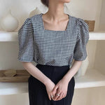 Square Neck Gingham Check Short Sleeve Blouse