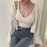 Korean Style V-Neck Long Sleeve Cardigan Set