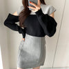 Color Block Cold Shoulder Mock Neck Knitted Sweater