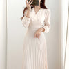 Long Sleeve Belted Pleated Chiffon Midi Dress