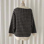 V-Neck Oversized Plaid Cardigan with Gold Button