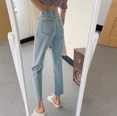 High-Waist Straight Leg Blue Washed Jeans