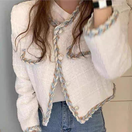 Cropped Round Neck Tweed Jacket with Braided Trims