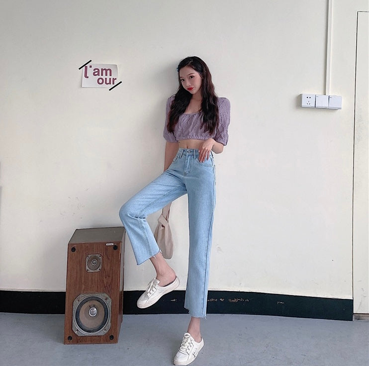 High-Waist Straight Leg Blue Washed Jeans