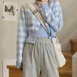 Casual Knitted Blue Grids Cardigan with Knitted Vest Set