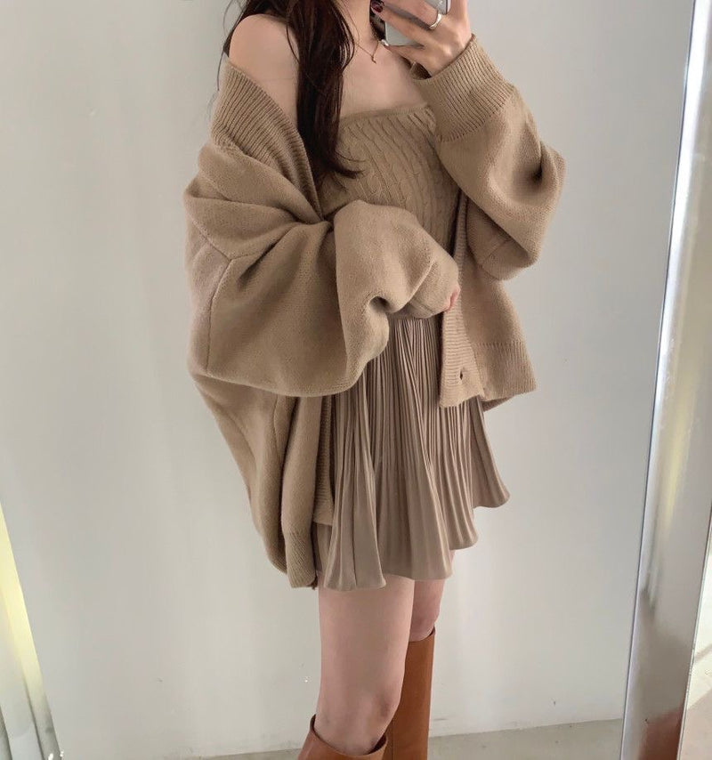 Korean Style V-Neck Cardigan, Top & Skirt – MyDearCloset