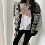 V-Neck Oversized Plaid Cardigan with Gold Button