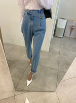 Designer High-Rise Asymmetrical Side Buttons Denim Pants