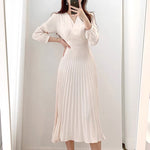 Long Sleeve Belted Pleated Chiffon Midi Dress