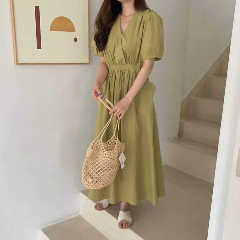 Matcha Green / Beige V-Neck Belted Dress with Pockets