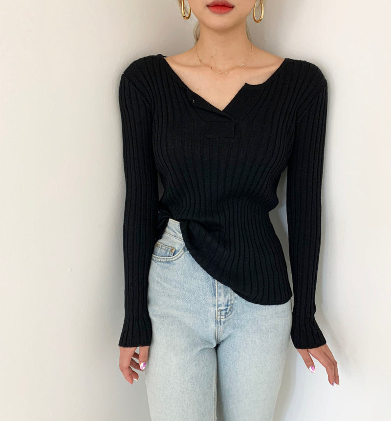 Soft Cotton V-Neck Ribbed Knit Top